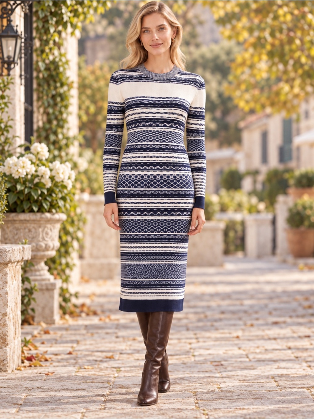 Tory Burch Julie Mixed Stripe Knit Midi Dress XS Navy Blue Cream Long Sleeve